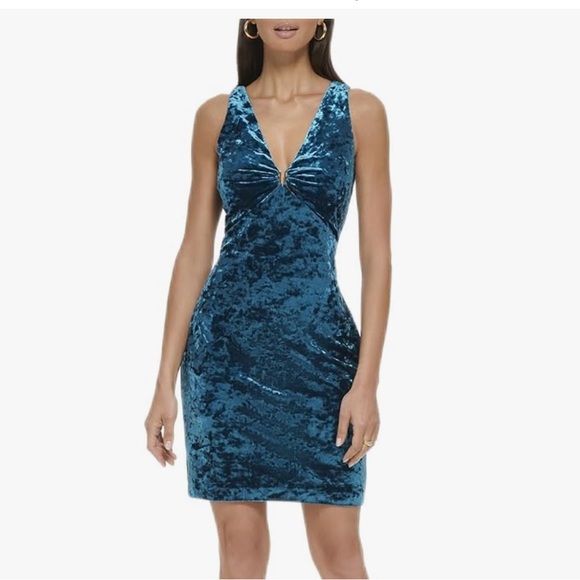 GUESS Women's Velvet Sheath Deep V Dress - Size 12 Teal - Picture 1 of 4